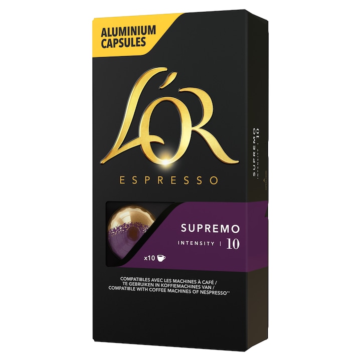 Capsule cafeaL'OR Espresso Supremo, intensitate 10, 10 bauturi x 40 ml, compatibile cu sistemul Nespresso® , 10 capsule aluminiu