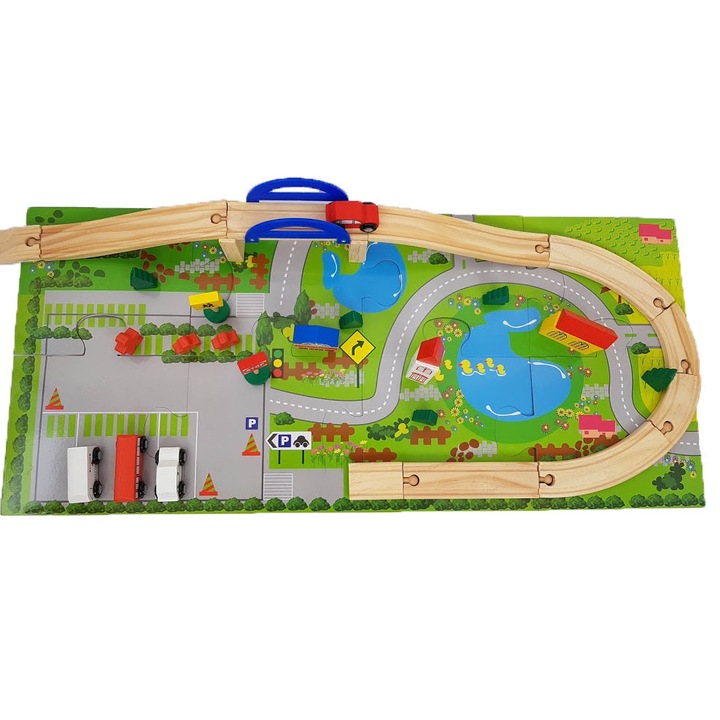 Set circuit din lemn cu masinute, 40 piese si covor puzzle, Unitoys
