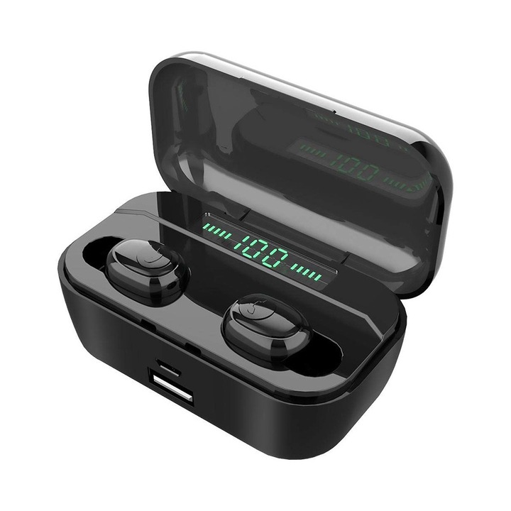 Bluetooth слушалки, FENiX® Amazon Mini, BT5.0, Powerbank 3200mAh Powerbox, IPX7 Водоустойчиво, HD микрофон, Wireless charging, Черен