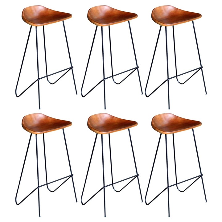 Set scaune de bar vidaXL, 6 buc., maro, piele naturala, 42 x 45 x 86 cm, 9.2 kg