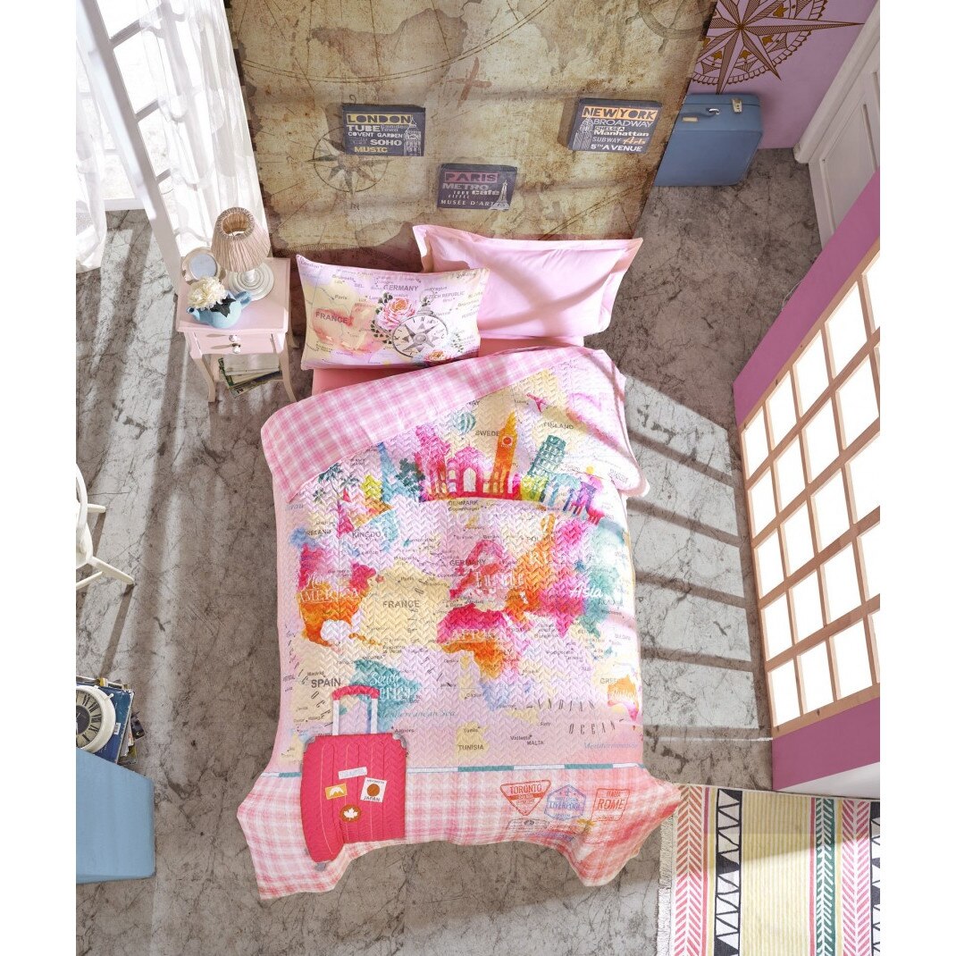 Set de pat dublu 4 anotimpuri copii, bumbac 100% ranforce, 1 persoana, Cotton Box, Escape - Pink