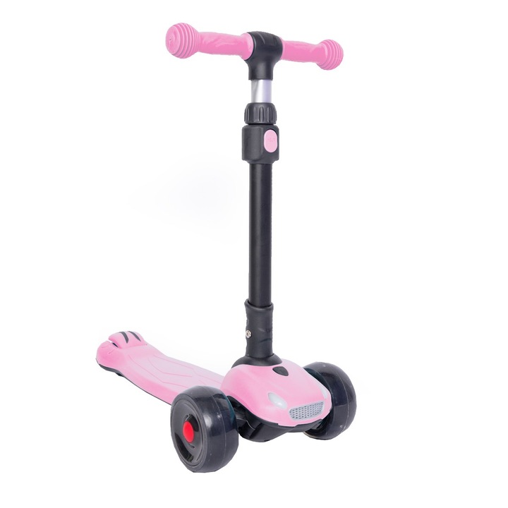 Детска тротинетка със светещи силиконови колела NOVOKIDS™ Furious, с песни и светлини, 3 колела, сгъваема, дръжка за регулиране на височината, максимум 50 кг, ярки фарове отпред, модерен дизайн, Розова