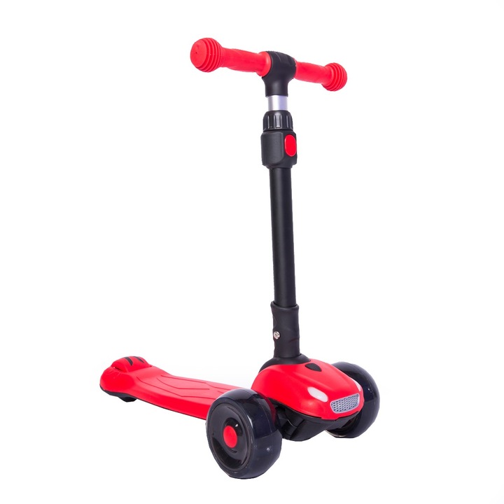 Детска тротинетка със светещи силиконови колела NOVOKIDS™ Furious, с песни и светлини, 3 колела, сгъваема, дръжка с регулируема височина, максимум 50 кг, ярки фарове отпред, модерен дизайн, червено с черно