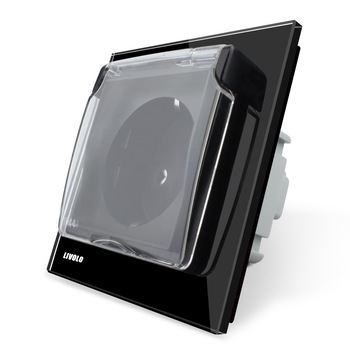 Priza simpla Livolo cu rama din sticla si capac de protectie rezistent la apa, Negru Priza simpla Livolo cu rama din sticla si capac de protectie rezistent la apa, Negru