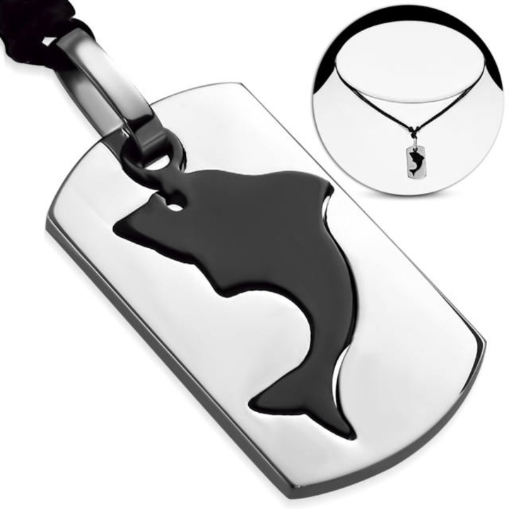 Fekete delfin - nemesacél medál kord nyakláncon