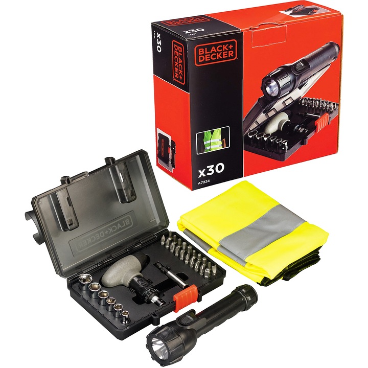 Комплект от 30 аксесоари Black & Decker A7224-XJ, LED фенер, битове, магнитен адаптер за битове, отвертка, светлоотразителна жилетка