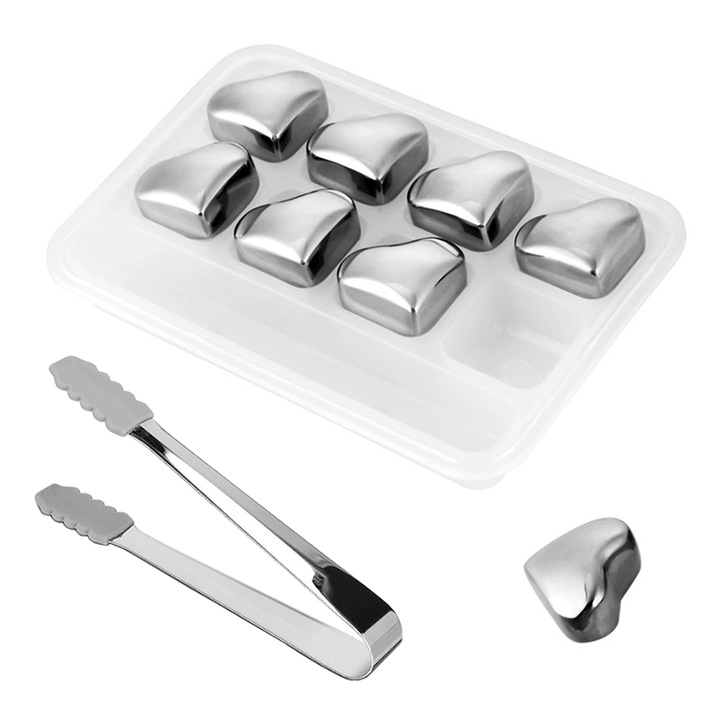 Set 8 Inimi amXea pentru racirea bauturilor, inox, reutilizabile, cleste, cutie depozitare