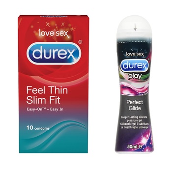 Set Pachet Durex Slim Fit 10 prezervative, Lubrifiant Perfect Glide 50 ml Set Pachet Durex Slim Fit 10 prezervative, Lubrifiant Perfect Glide 50 ml