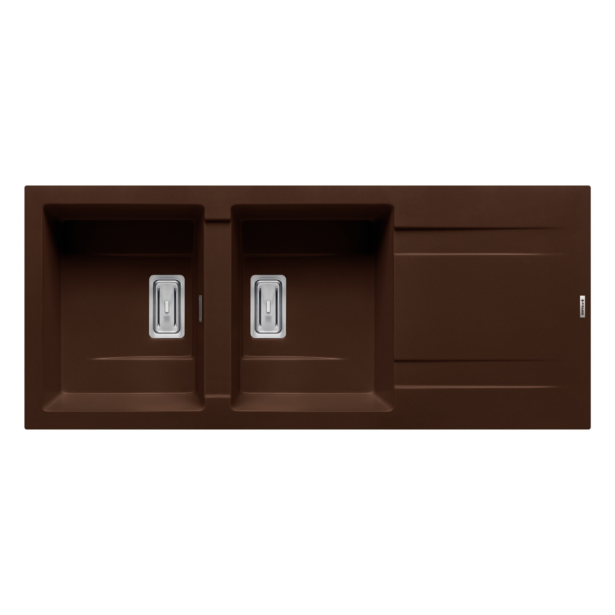 Chiuveta granit Pyramis KARTESIO 1160x500mm, 2 cuve si 1 picurator, adancime 200mm, reversibila, valva dreptunghiulara, finisaj pyragranite chocolate