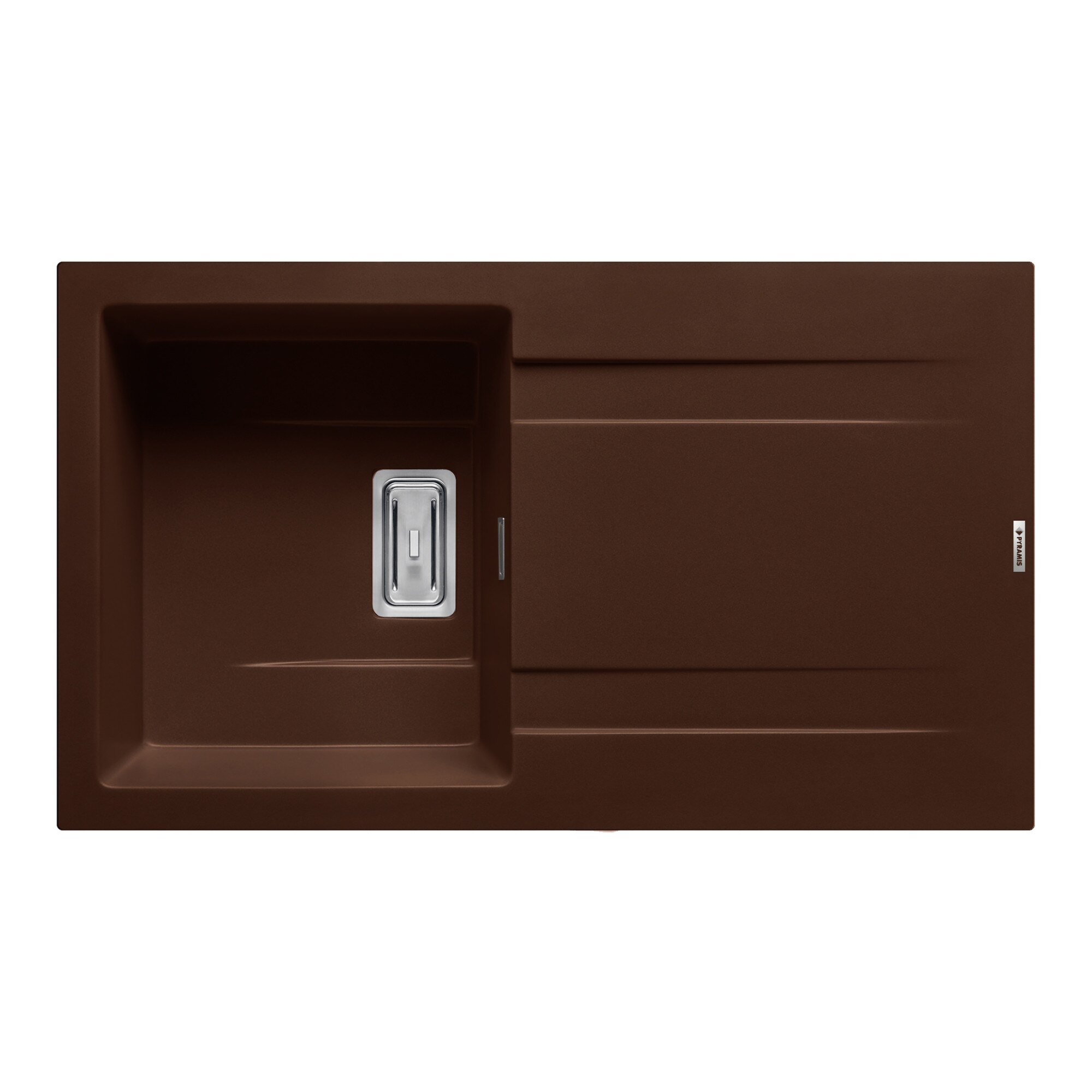 Chiuveta granit Pyramis KARTESIO 860x500mm, 1 cuva si 1 picurator, adancime 200mm, reversibila, valva dreptunghiulara, finisaj pyragranite chocolate