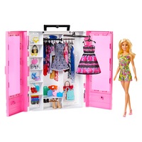 Set dressing cu papusa Barbie, are rochii, pantofi, genti + alte accesorii de imbracaminte pentru papusi, ATS