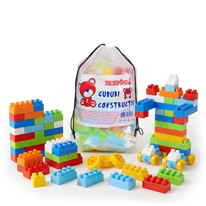 Set Cuburi de Constructie Robentoys, 320 piese, in Saculet, Plastic Rezistent, Multicolor, Joc Educativ si Creativ pentru Copii, +3 ani