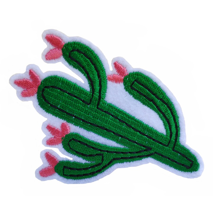 Petic textil / patch brodat cactus cu flori roz 8.1x5.6 cm