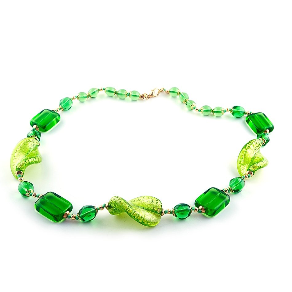 Colier VENEZIANO verde deschis din sticla de Murano, 52 cm, Bijuterii Original Murano