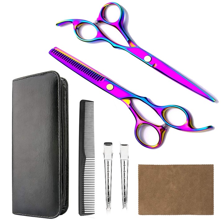 Set profesional foarfeca de tuns si filat Milano curcubeu marime 6" si piepten carbon pentru frizerie salon coafor