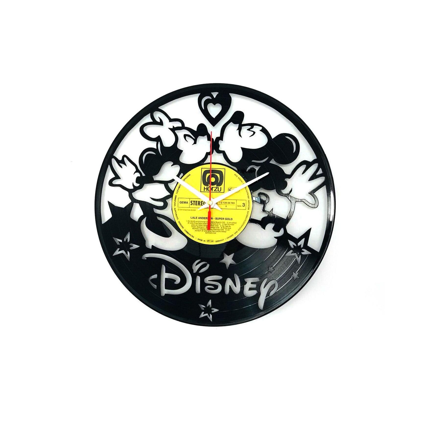 Ceas de perete personalizat din vinil reciclat, Vinilistic, Disney, Mickey Mouse, Minnie, Vinyl, Cadou original, Kids 30 cm