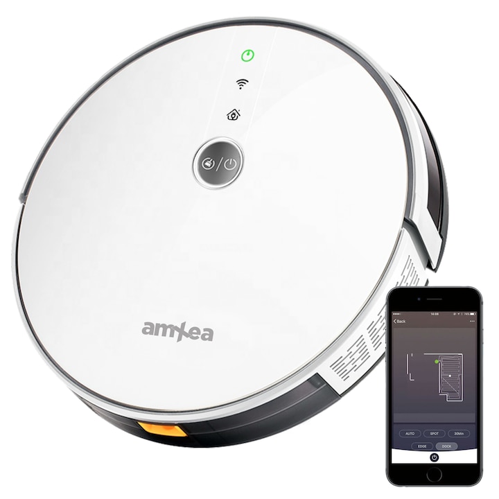 amXea E30 Fehér robotporszívó, Wi-Fi app, smart memory, giroszkóp, multi-felületek, nedves és száraz tisztítás, központi kefe, leesés elleni szenzor és ütközésgátlás