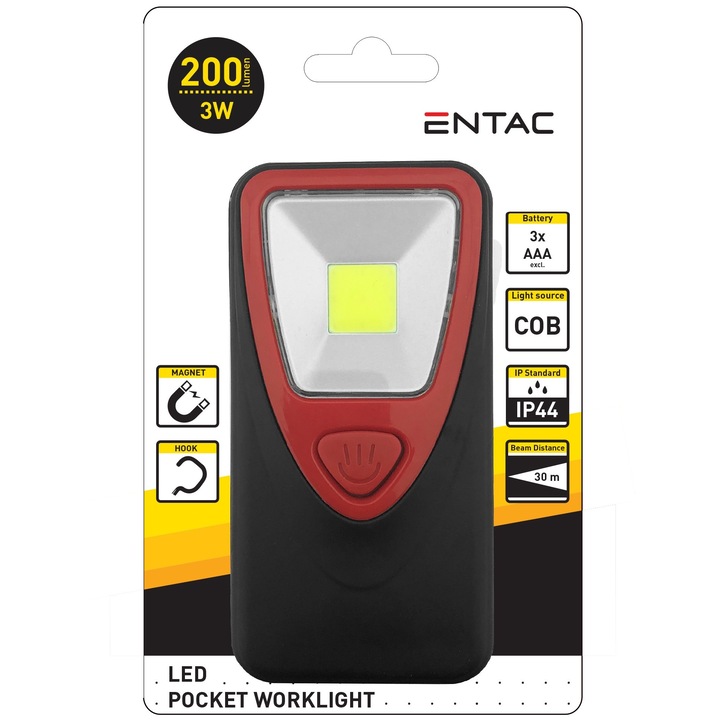 Entac 3W COB LED джобно фенерче, магнит и куки са включени