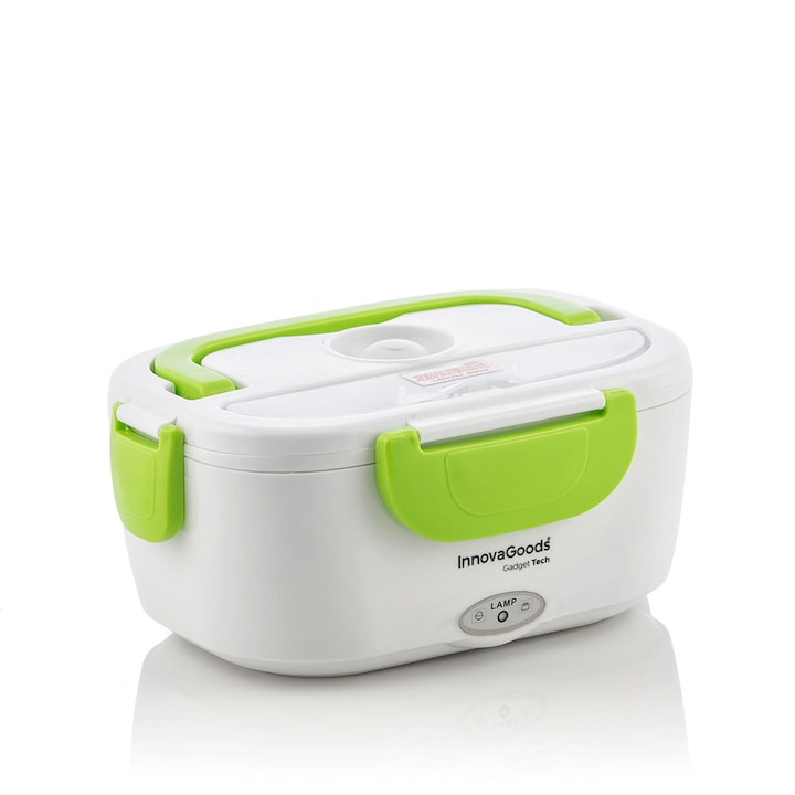 Електрическа кутия за храна InnovaGoods, 40W, 1.05 литра, BPA Free, Две отделения, Включена лъжица, Бял/зелен