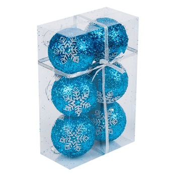 Set 6 globuri albastre de Craciun cu imprimeu fulg de zapada, DecorCasa, 9 cm Set 6 globuri albastre de Craciun cu imprimeu fulg de zapada, DecorCasa, 9 cm