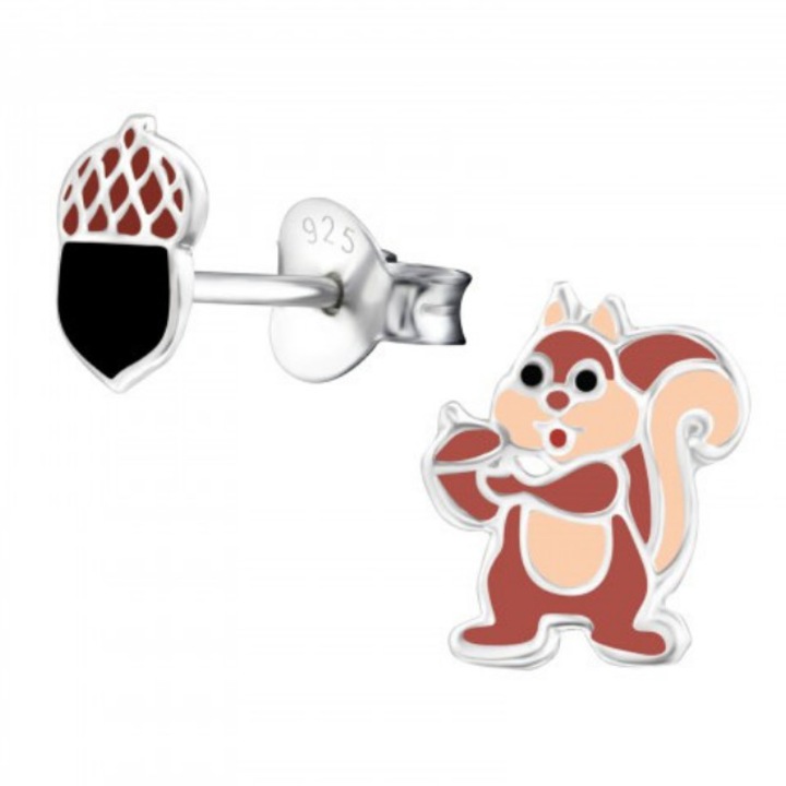 Детски сребърни обеци проба 925, модел Катерица и Жълъд, ПОДАРЪК кутия за бижута, Girly Collection от Boutique 23