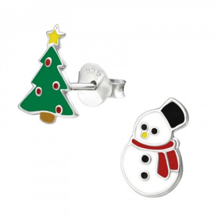 925 ezüst fülbevaló gyerekeknek, Hóember és Bradut, tarka, AJÁNDÉK ékszerdoboz, Girly Collection by Boutique 23