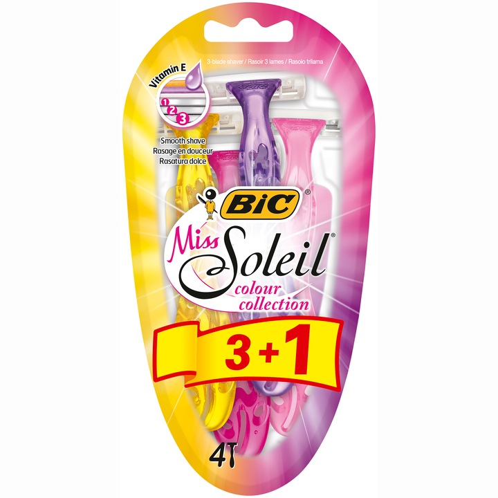 Самобръсначка за жени BIC Miss Soleil Colour Collection, 3 остриета, Промо комплект, 3+1 броя
