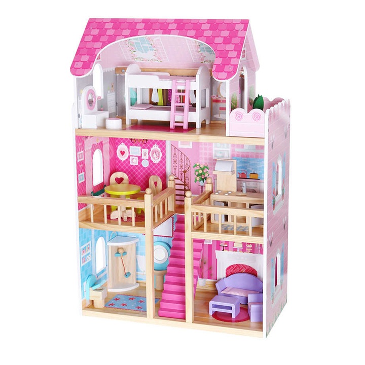 Къща за кукли от естествено дърво без остри ръбове, "ISP EcoToys RaspBerry Residence" с 3 етажа, 5 стаи и 16 мебели, 2 кукли, 90 см височина, PinkWood