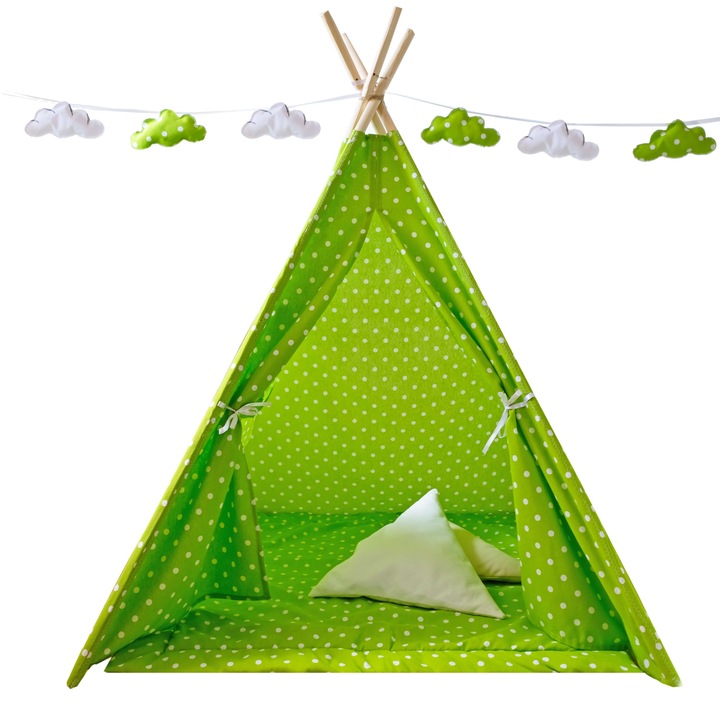 Set cort copii, Cort + Saltea + 2 Pernute + Ghirlanda cu norisori CADOU, Loofy Teepee Spring
