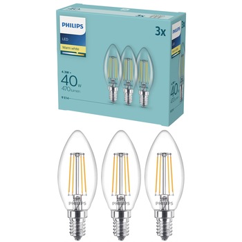 Set 3 becuri LED Philips, E14, 4.3W (40W), 470 lm, A+, lumina alba calda (2700K) Set 3 becuri LED Philips, E14, 4.3W (40W), 470 lm, A+, lumina alba calda (2700K)