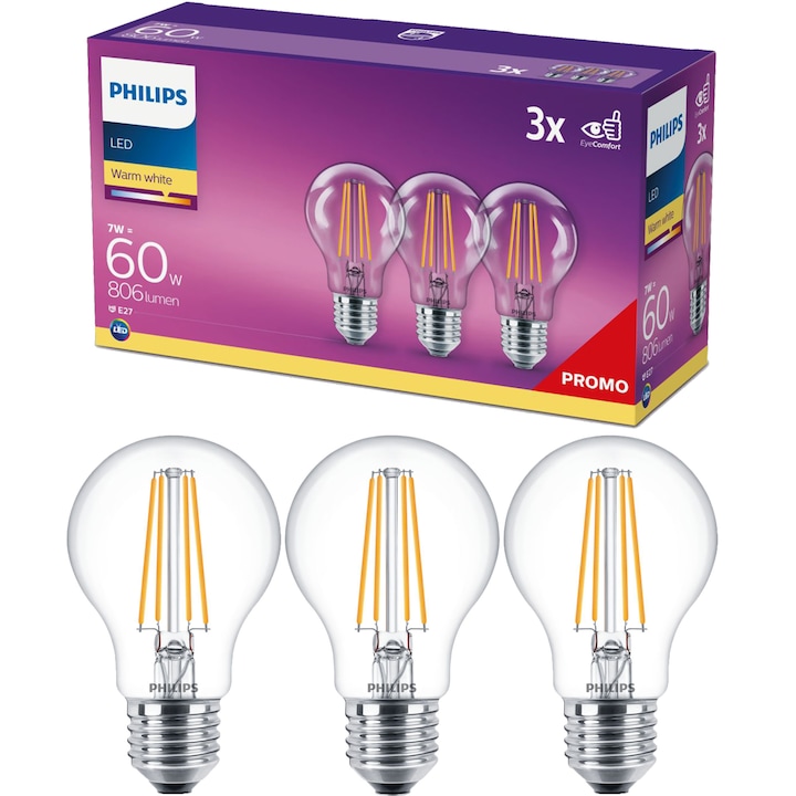 Philips LED Izzó, 3db, E27, 7W (60W), 806 lm, 2700K, A+, Meleg fehér fény