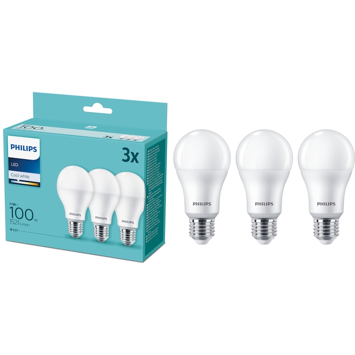 Pachet 3 becuri LED Philips, A67, E27, 13W (100W), 1521 lm, lumina alba rece (4000K), clasa energetica E
