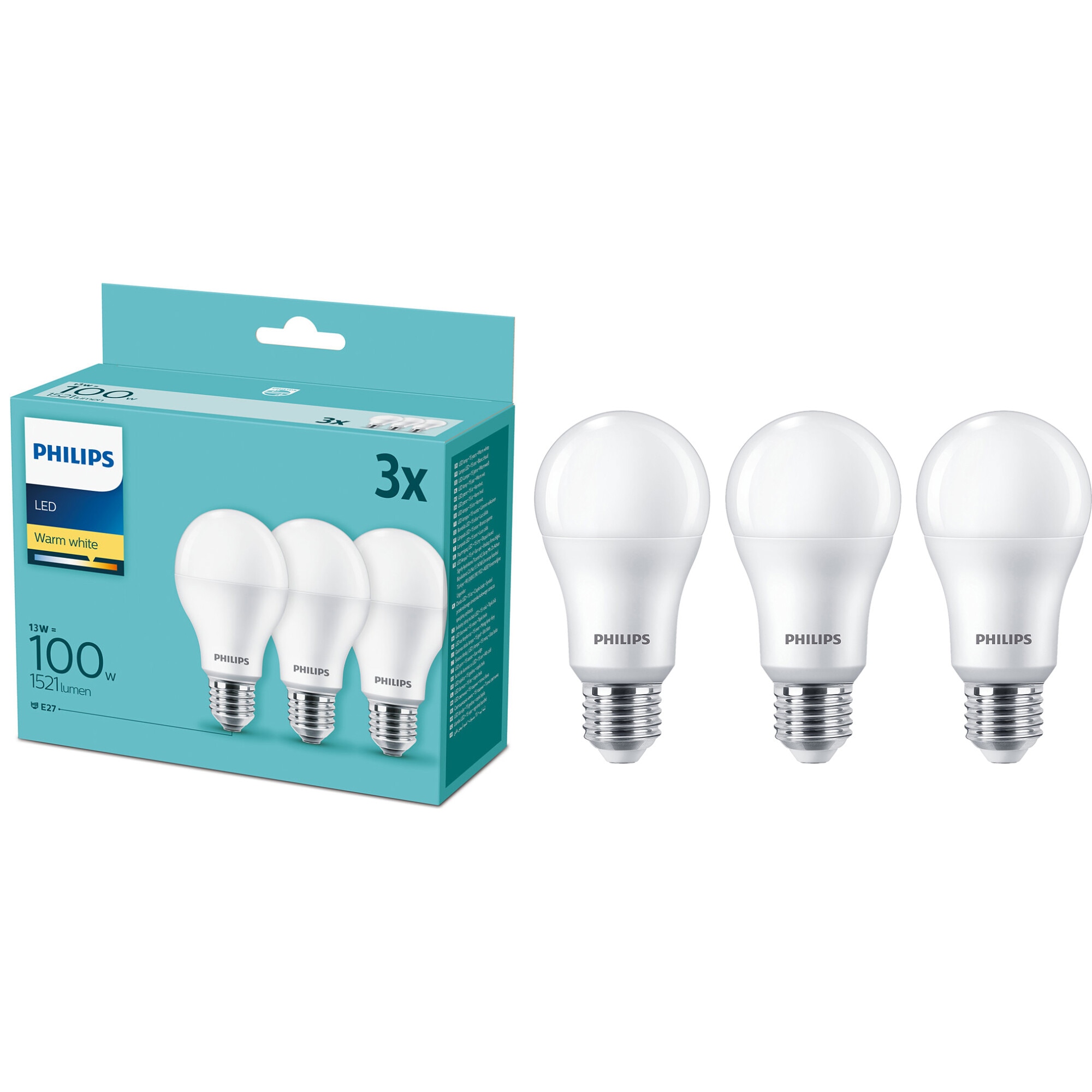 Set 3 becuri LED Philips, E27, 13W (100W), 1521 lm, lumina alba