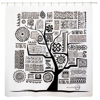 Set Perdea de dus satinata cu motive aztec negre 180cm X 180cm si 12 carlige metalice