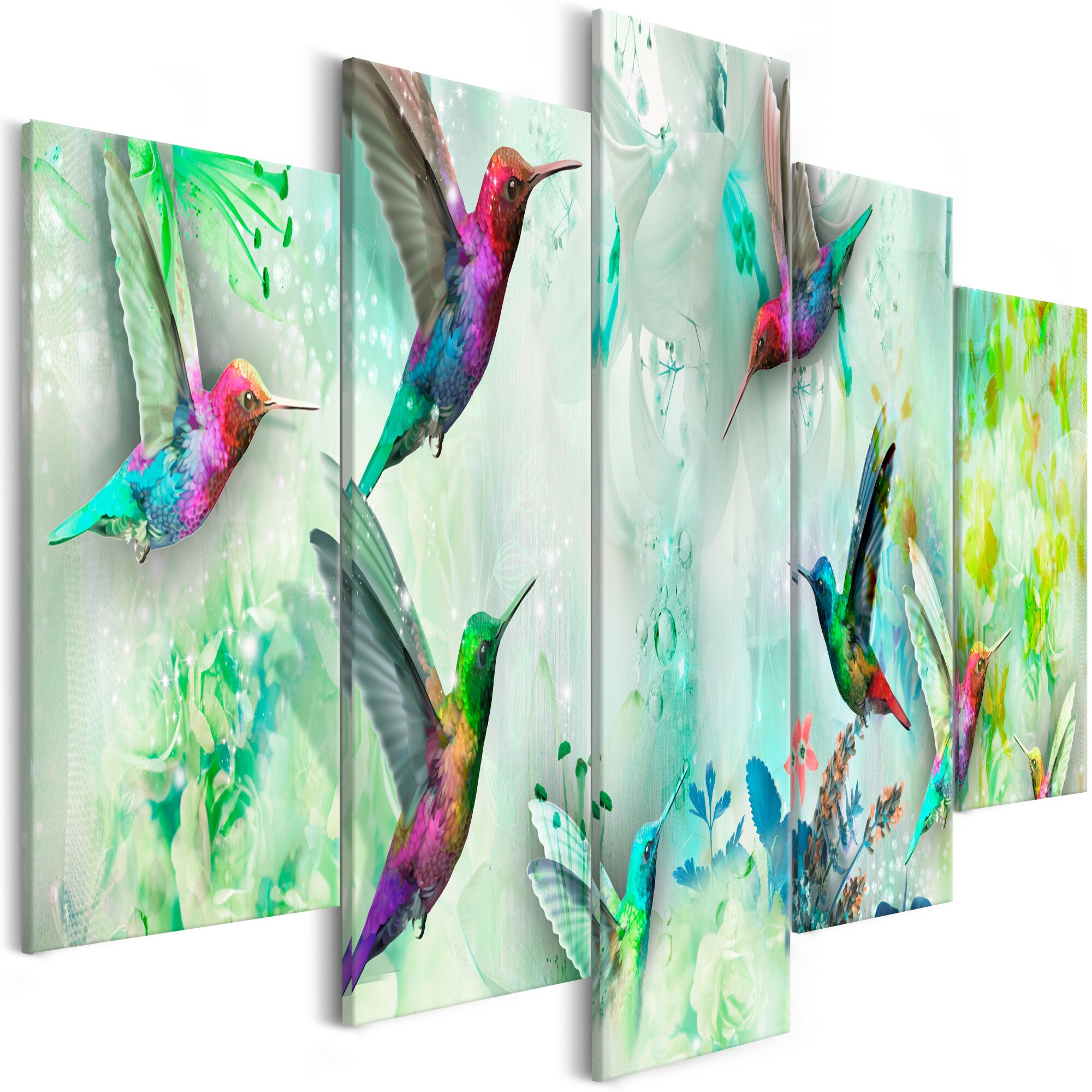 Tablou canvas 5 piese - Colibri colorate verde larg - 100 x 50 cm