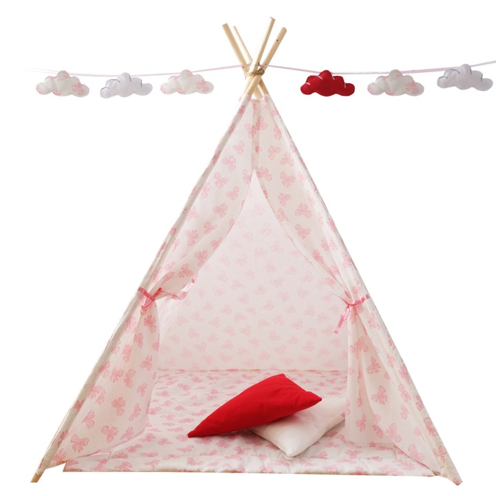Set cort copii, Cort + Saltea + 2 Pernute + Ghirlanda cu norisori CADOU, Loofy Teepee Bows