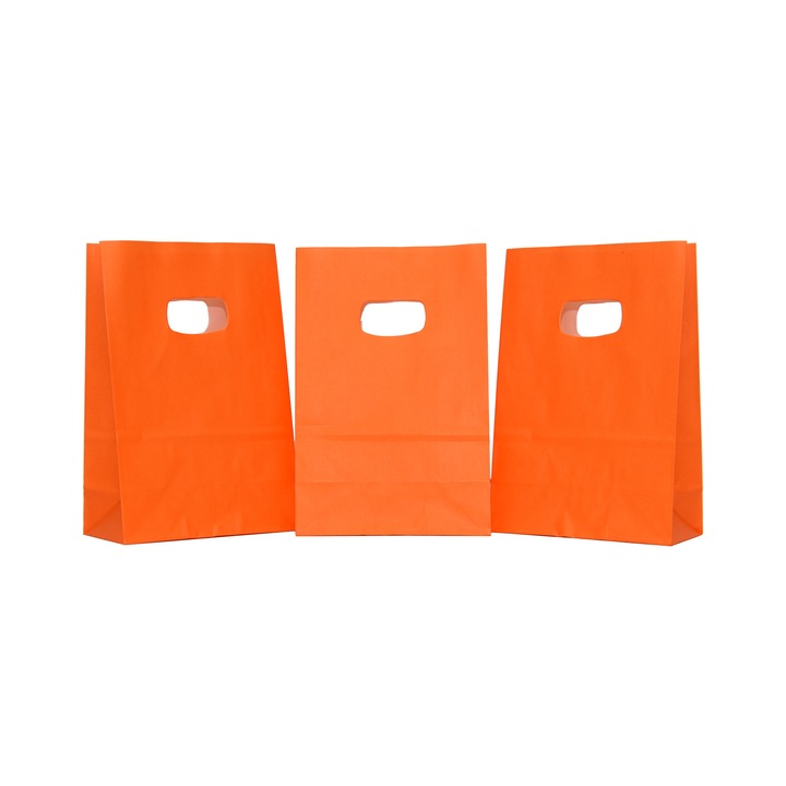 Sacosa cu maner decupat, dimensiuni 14x7x21cm, din hartie Kraft Albit, culoare Orange P021U, set 250 bucati