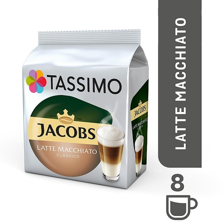 Cafea capsule, Jacobs Tassimo Latte Machiato, 8 buc x 295 ml, 8 capsule specialitate cafea + 8 capsule lapte, 264 g