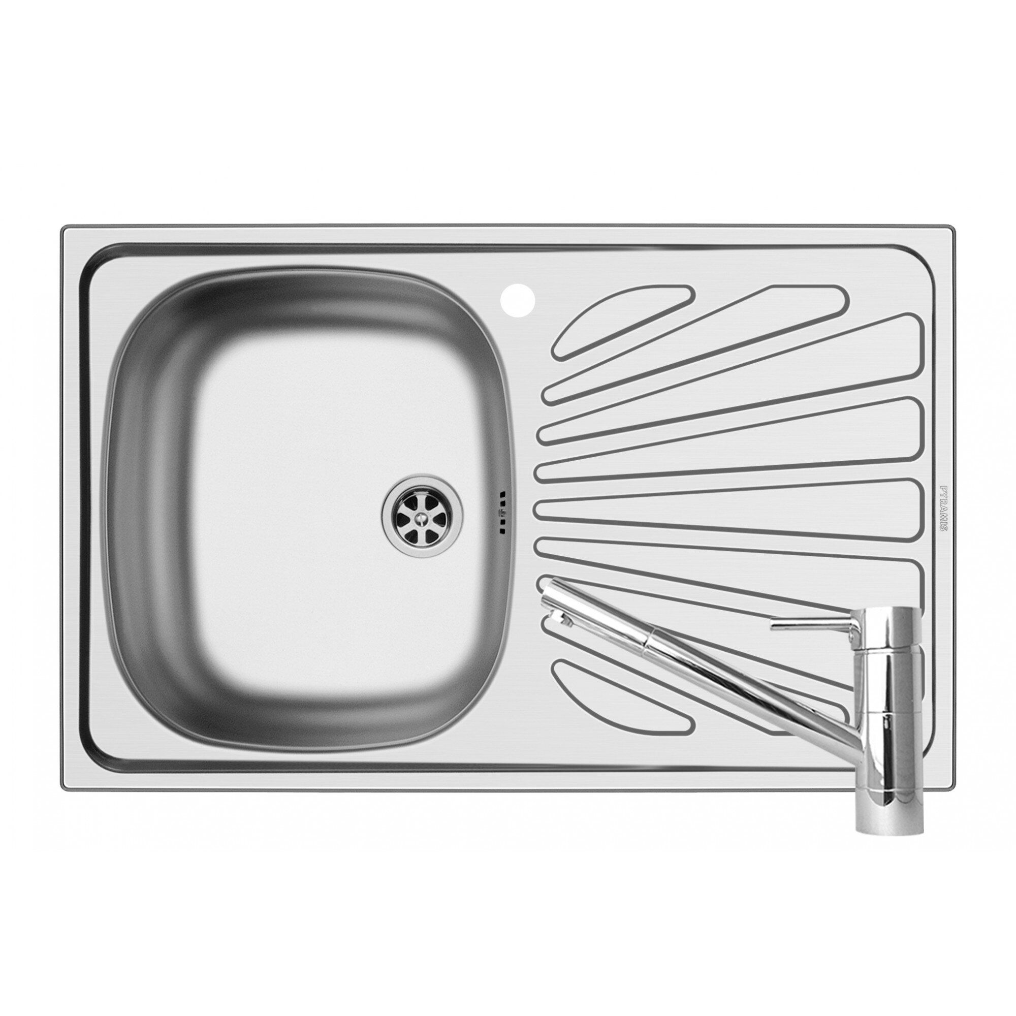 Pachet baterie de bucatarie TRONTO Crom + chiuveta Pyramis CRETA, 755x480mm, adancime 150mm, orientarea cuvei pe stanga, montare pe blat, finisaj lucios