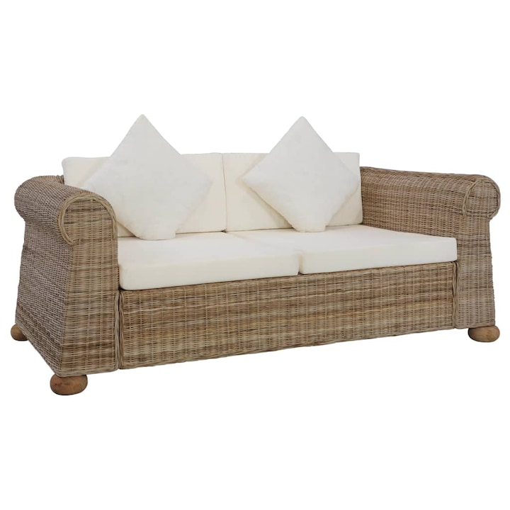 2-местен диван с възглавници vidaXL, естествен цвят, ратан, манго масив, 155х78х67 см