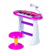 Set Complet Muzical Copii cu Orga Electronica, Microfon, Tobe si Scaunel, "ISP Piano Singer", 24 Taste Pian, 8 ritmuri diferite, 8 sunete de instrumente diferite, Roz