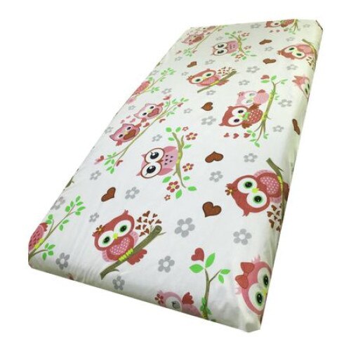 Cearsaf cu elastic roata pentru saltea bebelusi 160x80 cm Deseda Bufnite cu rosu