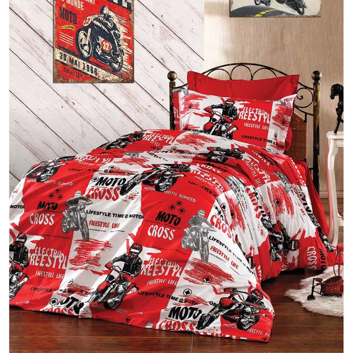 Red Motocross gyerek ágynemű, 100% pamut, 3 db, tarka, 160x200