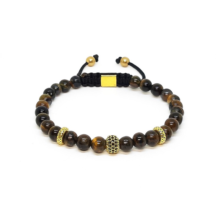 Bratara barbat tiger eye si elemente din argint placat cu aur