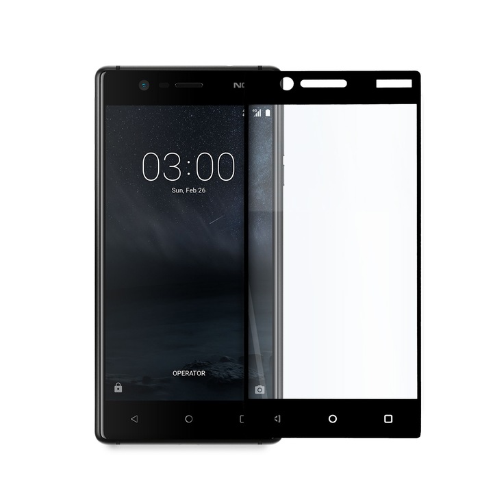 Стъклен протектор Full Glue за Nokia 3, Tempered Glass, Цялостно покритие и залепване, Черен