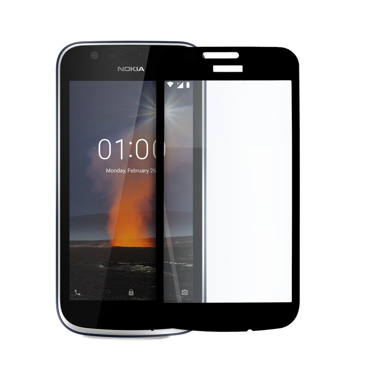 9D Стъклен Протектор за Nokia 1, Full Glue, Цялостно покритие и залепване, Черен