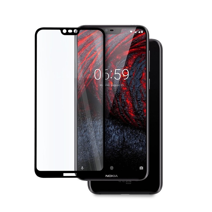 Стъклен Протектор за Nokia 6.1 Plus, 5D, Tempered Glass, Цялостно покритие и залепване, Черен