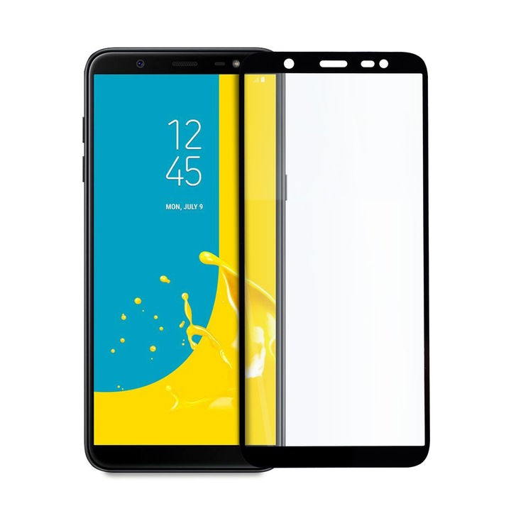 Teljesen ragasztós üveg védőfólia, Samsung Galaxy J8 (2018) készülékhez, edzett üveg, teljes fedés és ragasztó, fekete