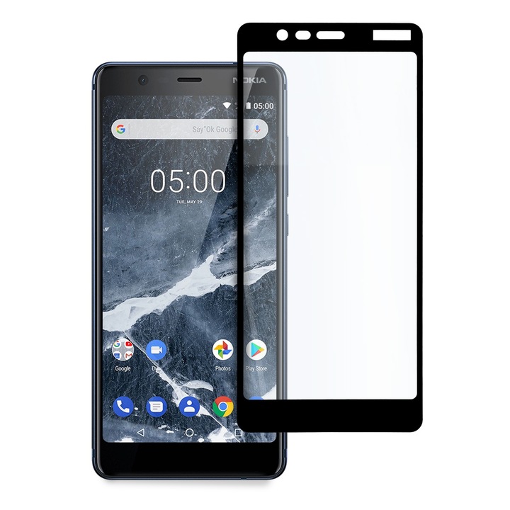 Стъклен Протектор за Nokia 5.1, 9D, Tempered Glass, Цялостно покритие и залепване, Черен