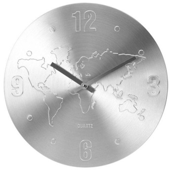 Ceas de perete Argintiu, din Aluminiu, cu limbi Argintii, D 35cm, model Harta Lumii Ceas de perete Argintiu, din Aluminiu, cu limbi Argintii, D 35cm, model Harta Lumii